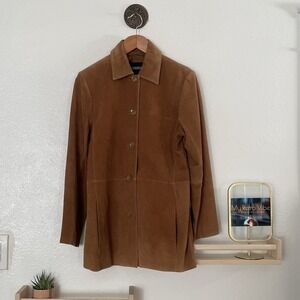 Bernardo Suede Leather Jacket Camel Brown Button Down Coat Classic Womens Medium